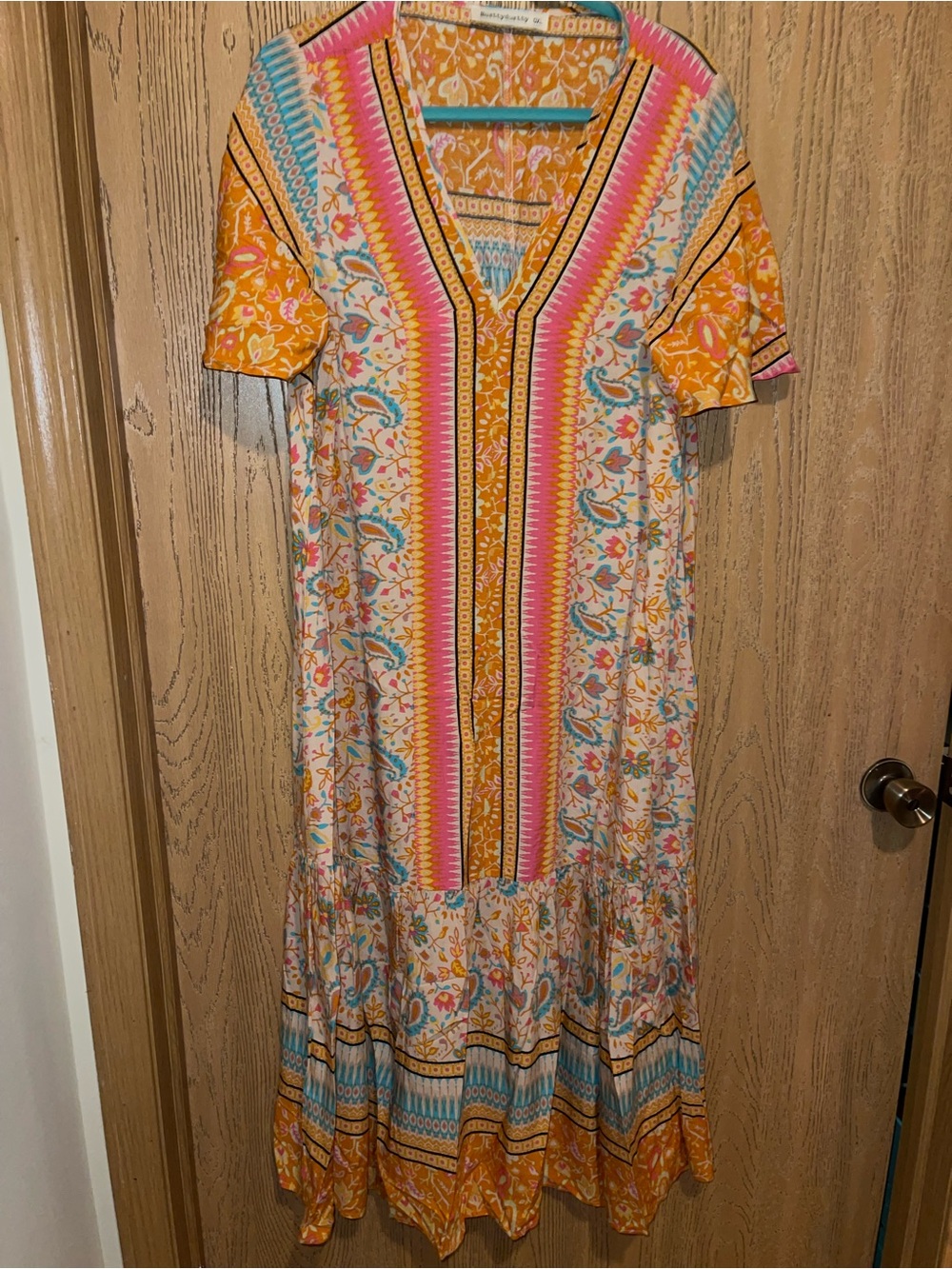Floral Stripe V-Neck Maxi Dress in Mustard & Pink